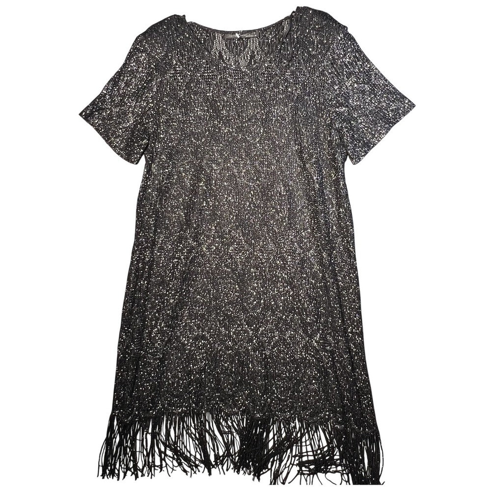 SHARADE NITES Women's Black Silver Glitter Fringe Knit Shift‎ Dress Size M L